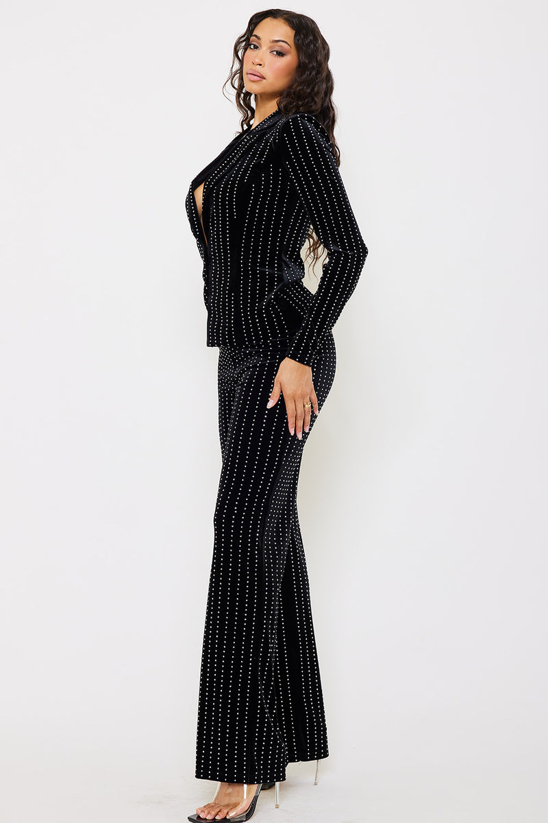 RHINESTONE STRIPED VELVET JACKET AND PANT SUIT SET