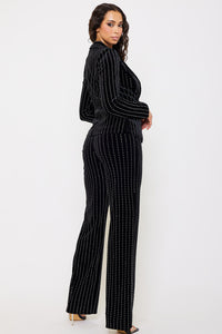 RHINESTONE STRIPED VELVET JACKET AND PANT SUIT SET