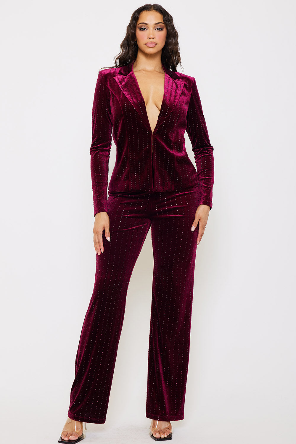 RHINESTONE STRIPED VELVET JACKET AND PANT SUIT SET