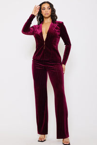 RHINESTONE STRIPED VELVET JACKET AND PANT SUIT SET