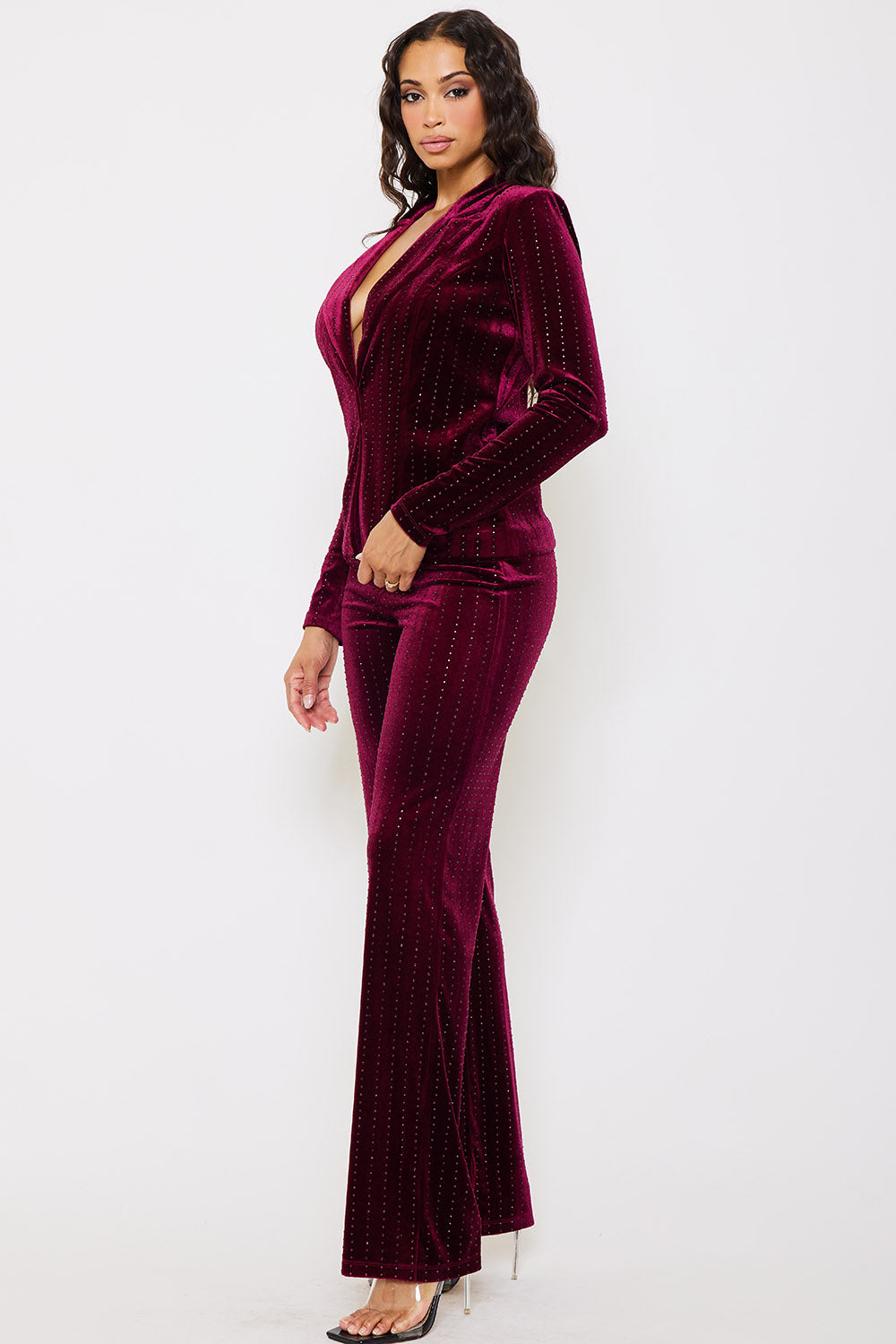 RHINESTONE STRIPED VELVET JACKET AND PANT SUIT SET