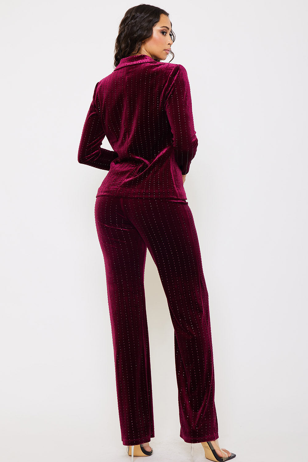 RHINESTONE STRIPED VELVET JACKET AND PANT SUIT SET