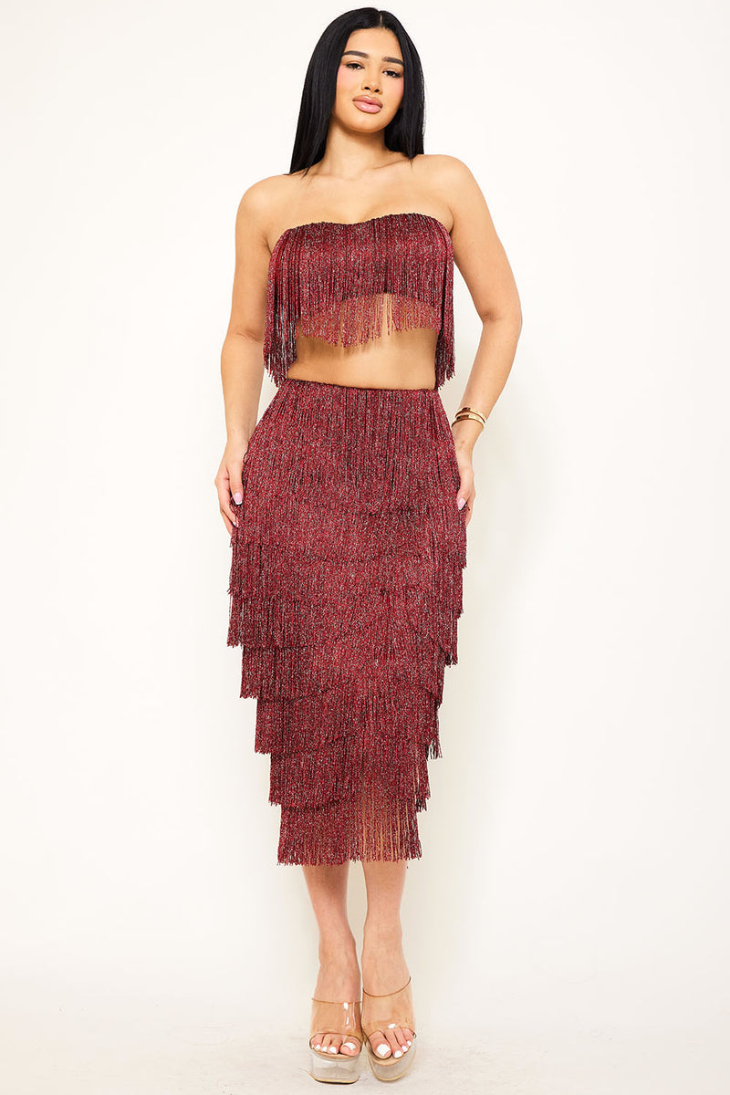 FRINGE TUBE TOP AND MIDI SKIRT SET