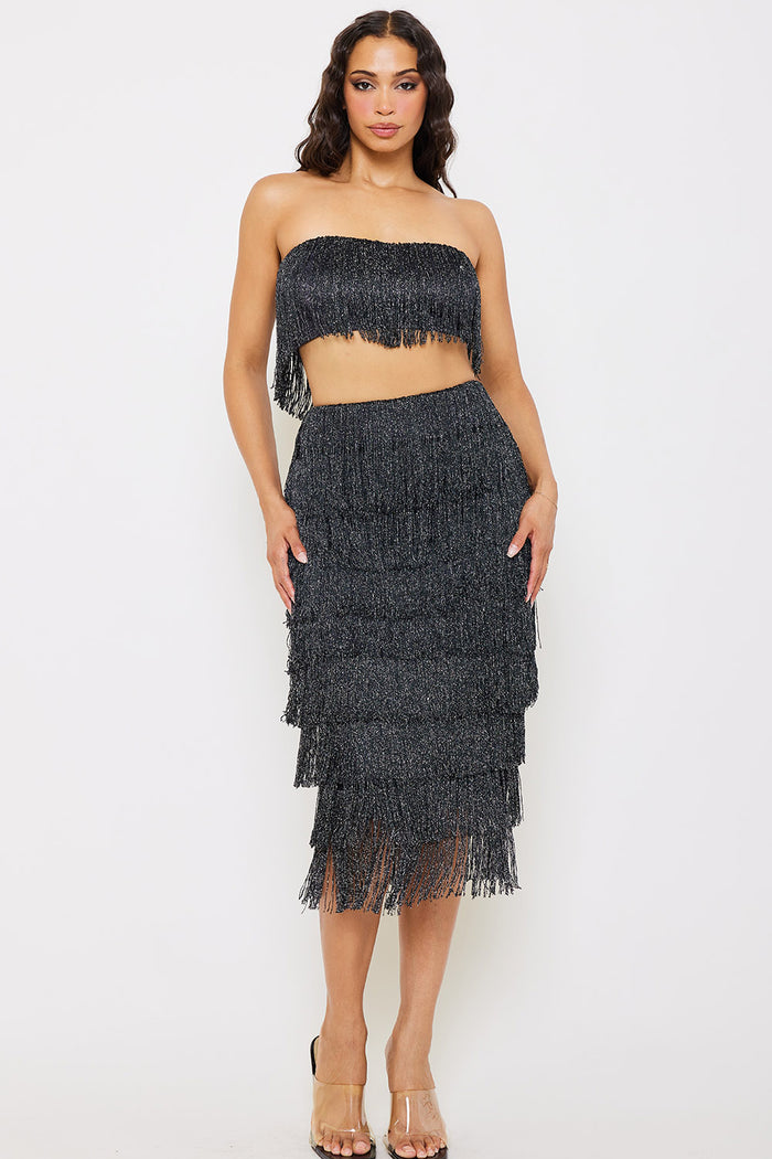 FRINGE TUBE TOP AND MIDI SKIRT SET