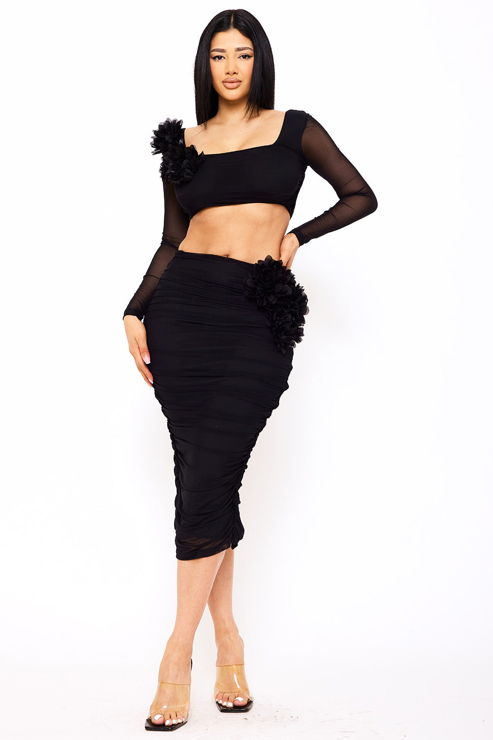 POWER MESH FLORAL &nbsp;APPLIQUE ATTACHED MIDI SKIRT SET