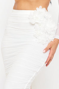 POWER MESH FLORAL &nbsp;APPLIQUE ATTACHED MIDI SKIRT SET