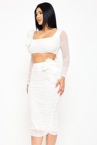 POWER MESH FLORAL &nbsp;APPLIQUE ATTACHED MIDI SKIRT SET