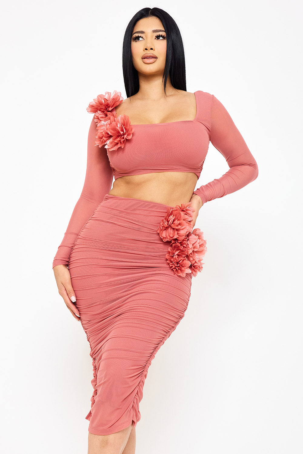 POWER MESH FLORAL &nbsp;APPLIQUE ATTACHED MIDI SKIRT SET