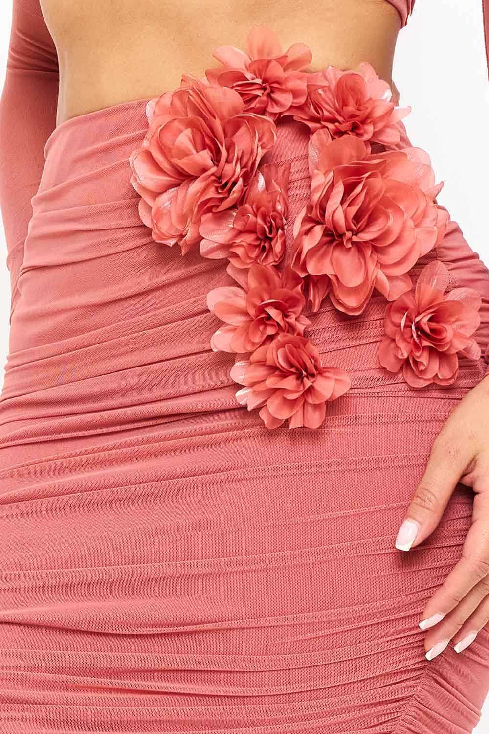 POWER MESH FLORAL &nbsp;APPLIQUE ATTACHED MIDI SKIRT SET