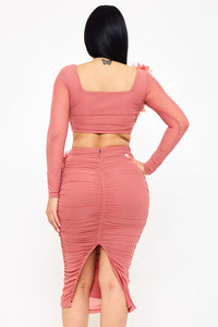 POWER MESH FLORAL &nbsp;APPLIQUE ATTACHED MIDI SKIRT SET