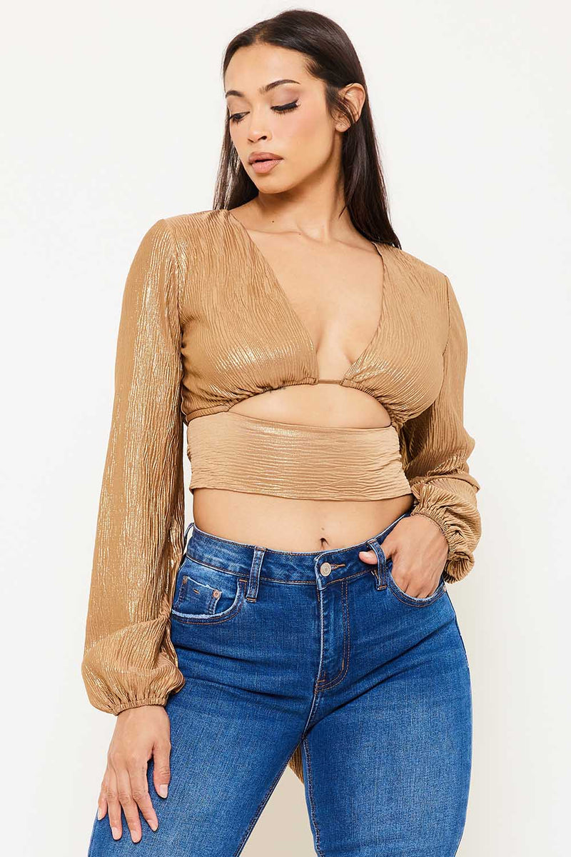 FOIL OPEN FRONT WITH STRAP ON BUST CROP TOP