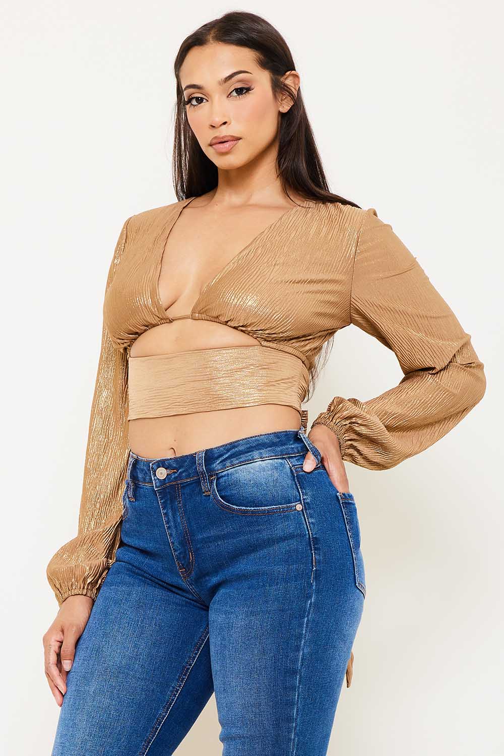 FOIL OPEN FRONT WITH STRAP ON BUST CROP TOP