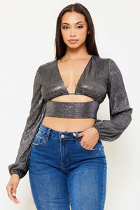 FOIL OPEN FRONT WITH STRAP ON BUST CROP TOP