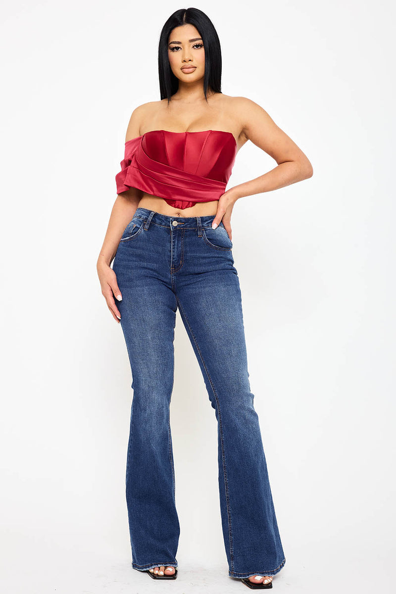 PEARL SATIN ONE SHOULDER OFF THE SHOULDER CROP TOP