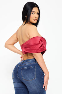 PEARL SATIN ONE SHOULDER OFF THE SHOULDER CROP TOP