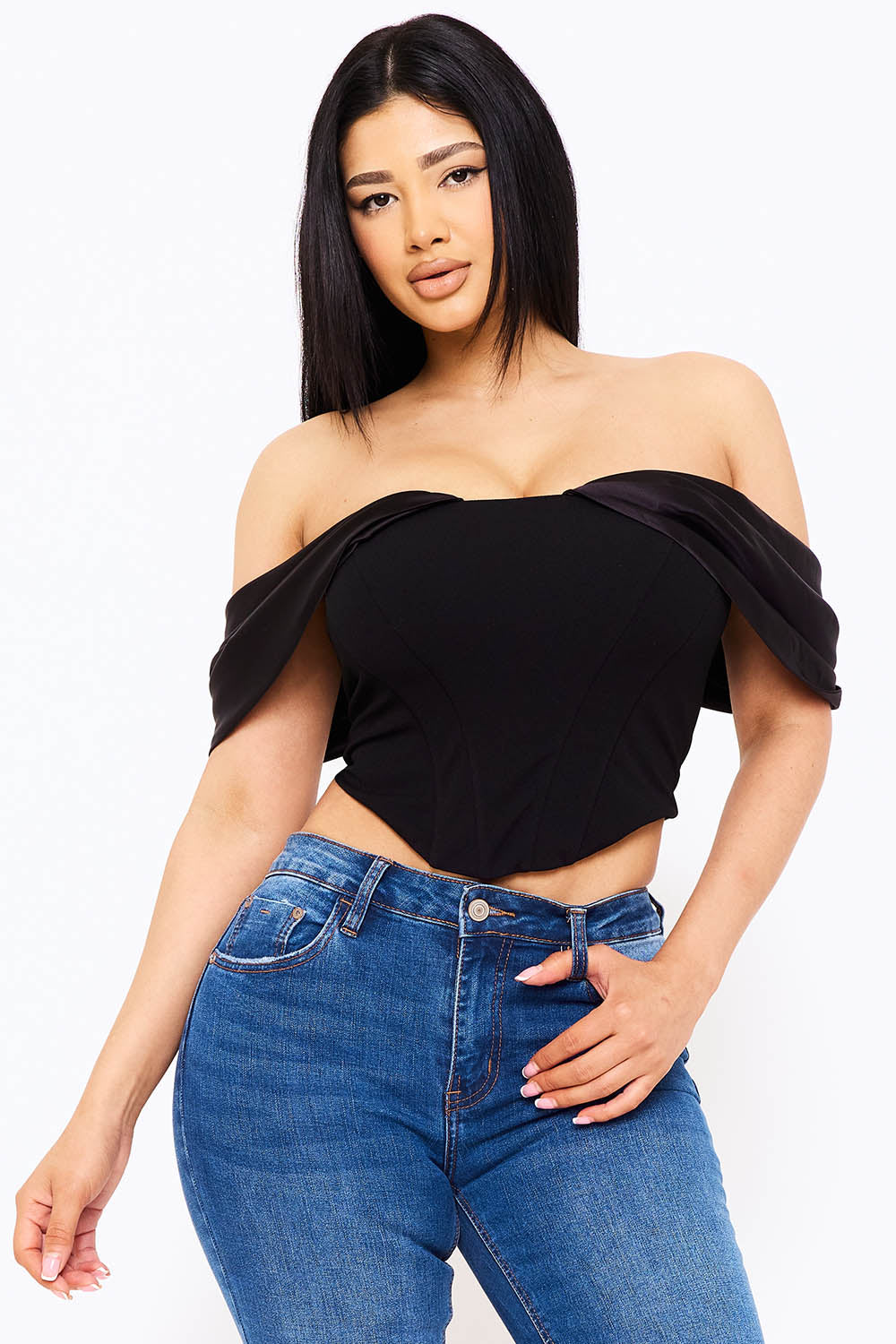 FABRIC CONTRAST DRAPED OFF THE SHOULDER TOP
