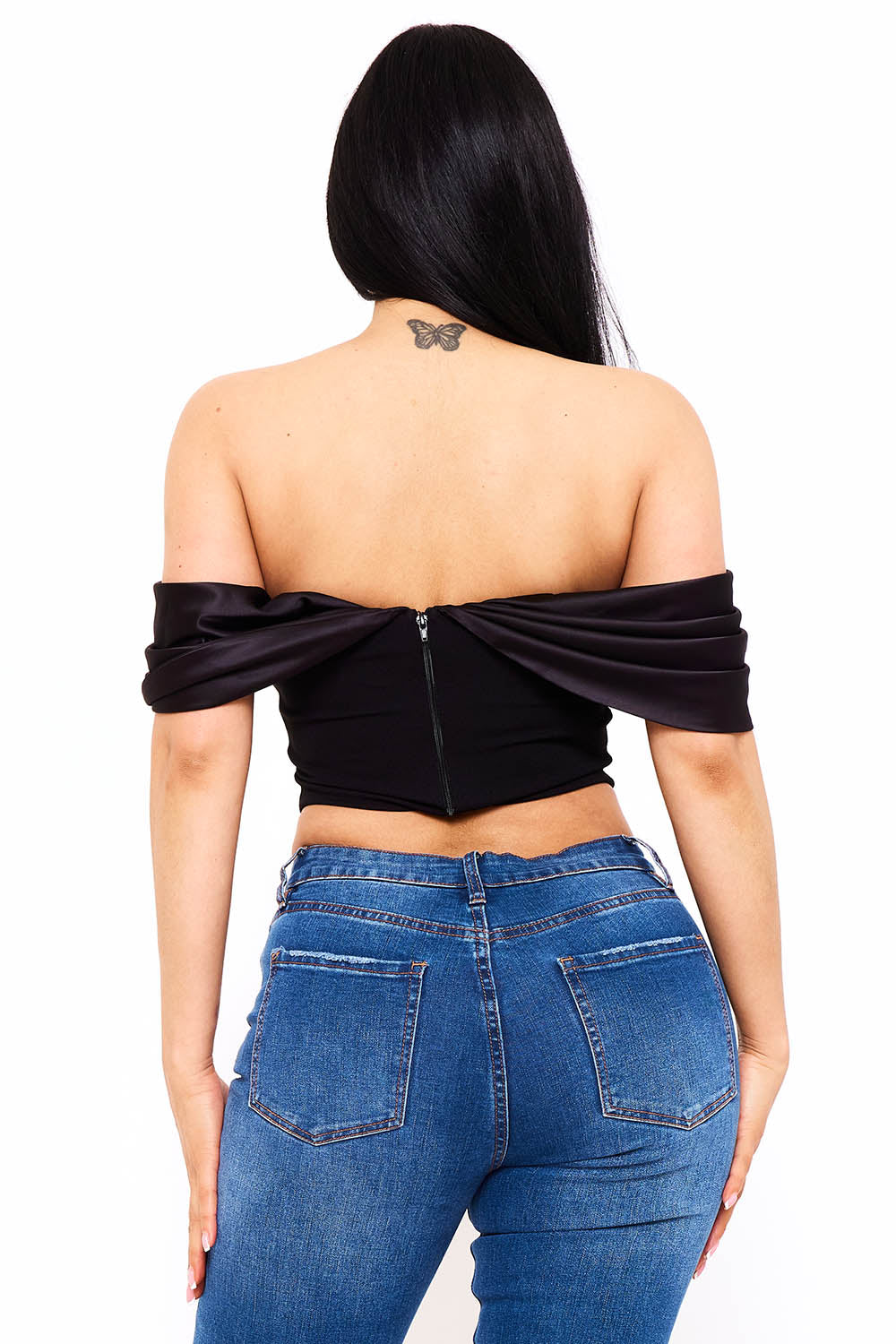 FABRIC CONTRAST DRAPED OFF THE SHOULDER TOP