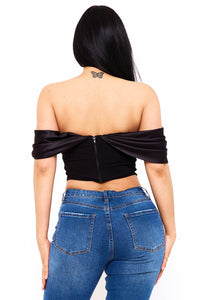 FABRIC CONTRAST DRAPED OFF THE SHOULDER TOP