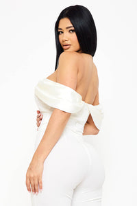 FABRIC CONTRAST DRAPED OFF THE SHOULDER TOP