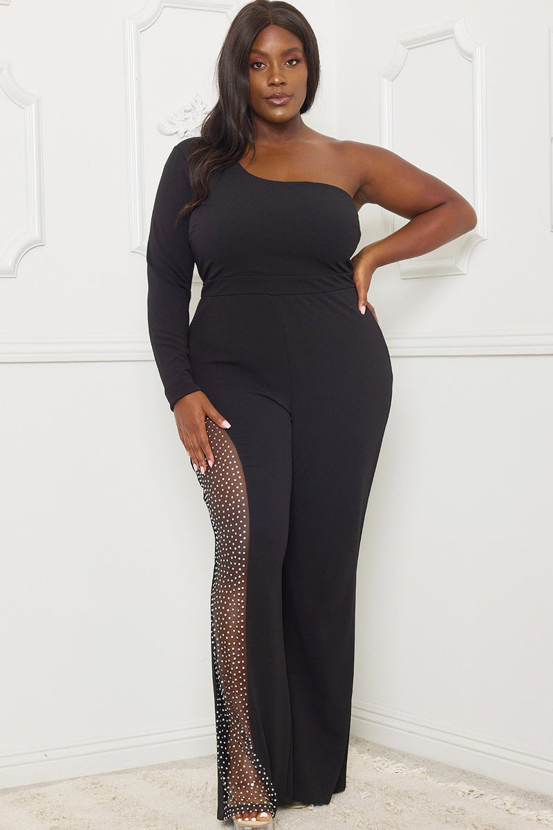 RHINESTONE ON MESH ONE SHOULDER PLUS SIZE JUMPSUIT