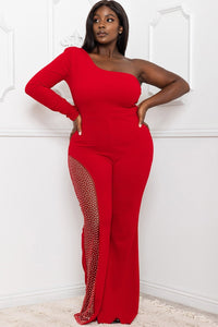 RHINESTONE ON MESH ONE SHOULDER PLUS SIZE JUMPSUIT