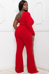 RHINESTONE ON MESH ONE SHOULDER PLUS SIZE JUMPSUIT