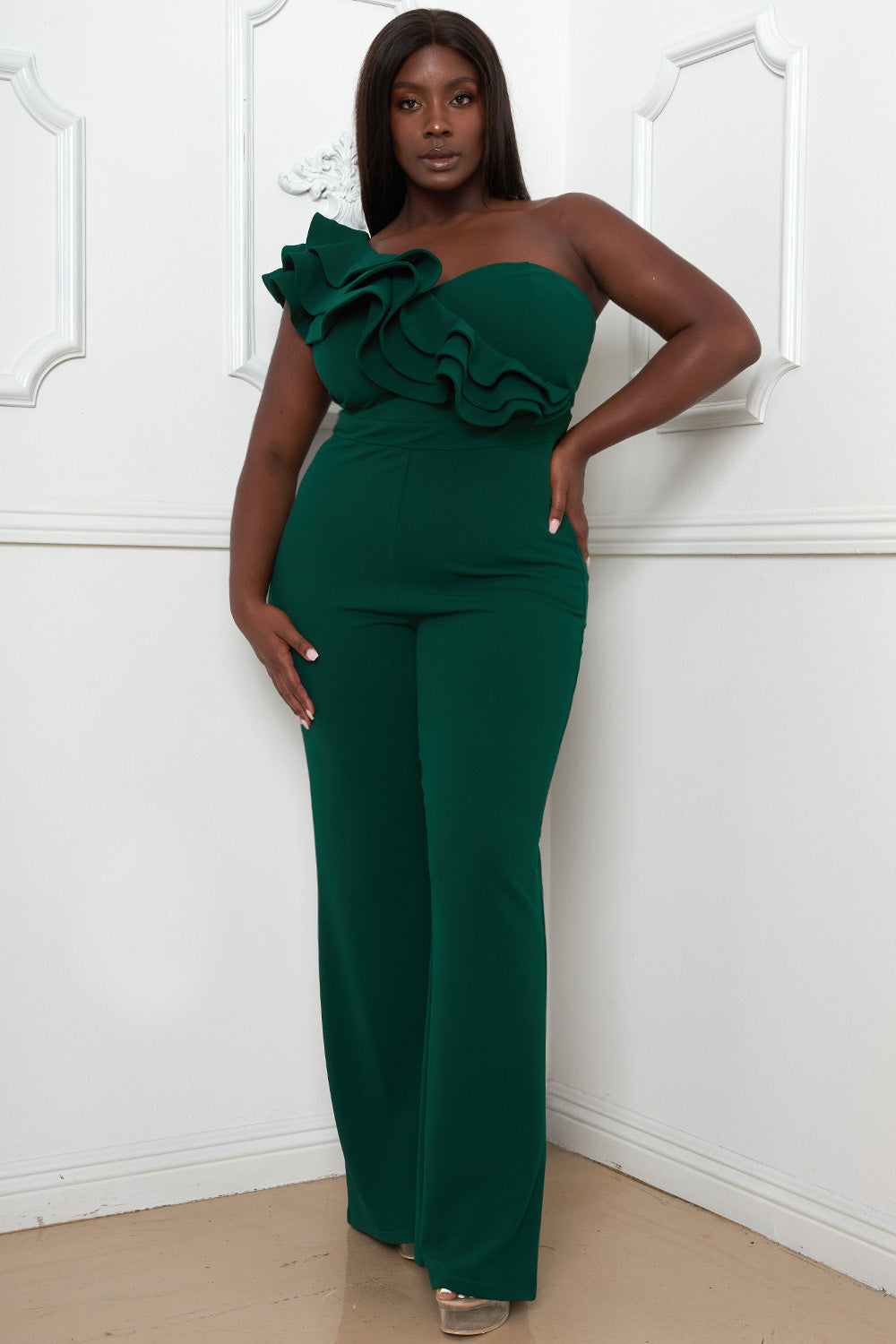 LAYERED RUFFLE ONE SHOULDER PLUS SIZE JUMPSUIT