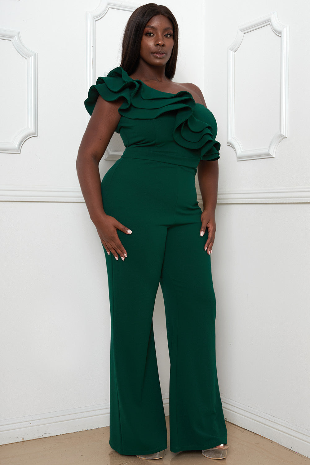 LAYERED RUFFLE ONE SHOULDER PLUS SIZE JUMPSUIT