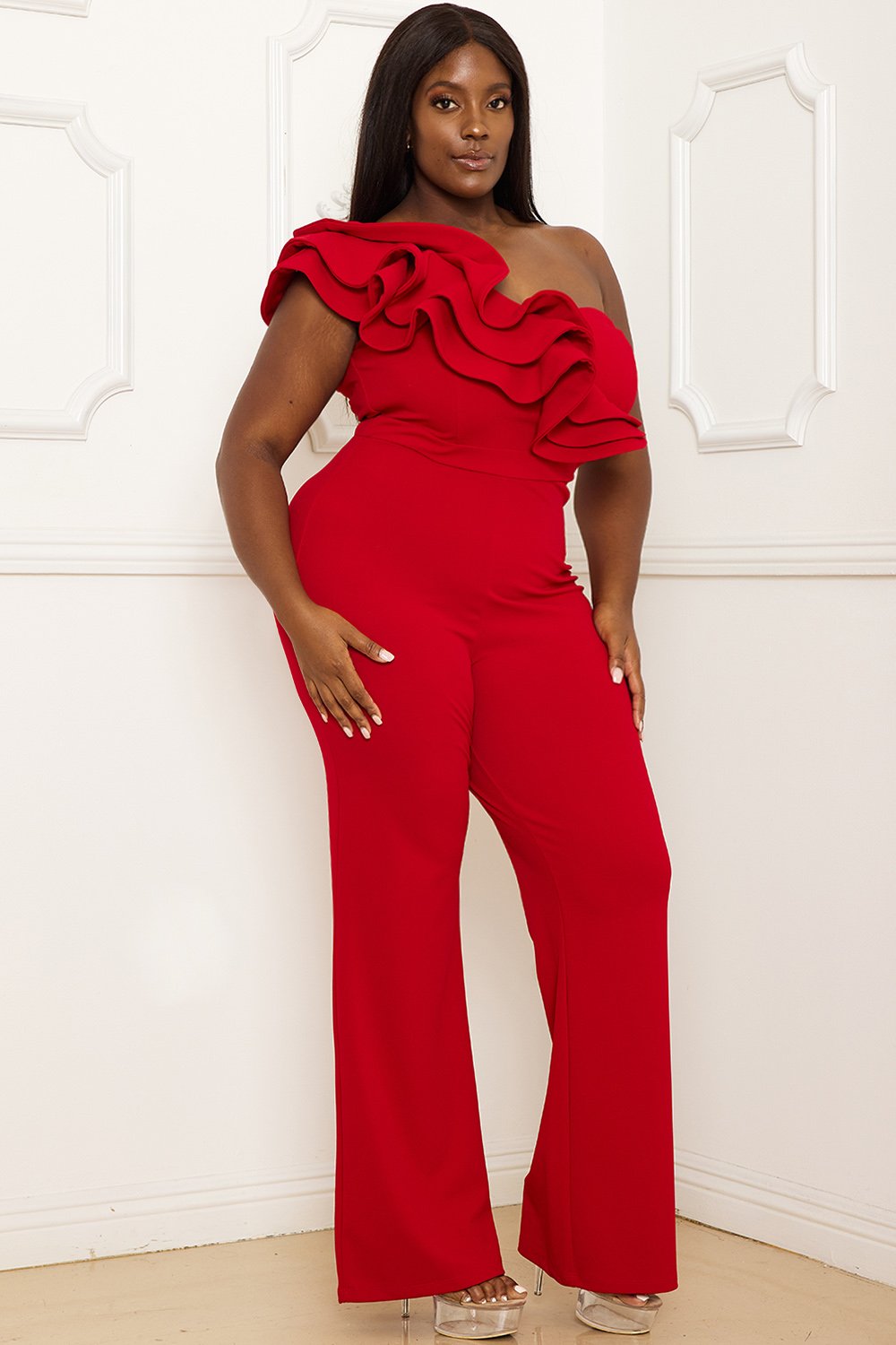 LAYERED RUFFLE ONE SHOULDER PLUS SIZE JUMPSUIT