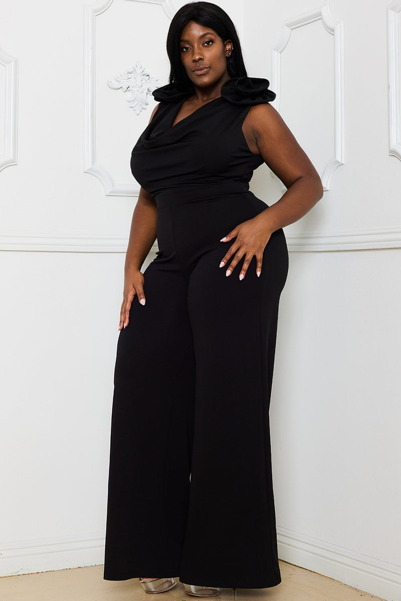 FLOWER FOLDED SHOULDER PLUS SIZE JUMPSUIT