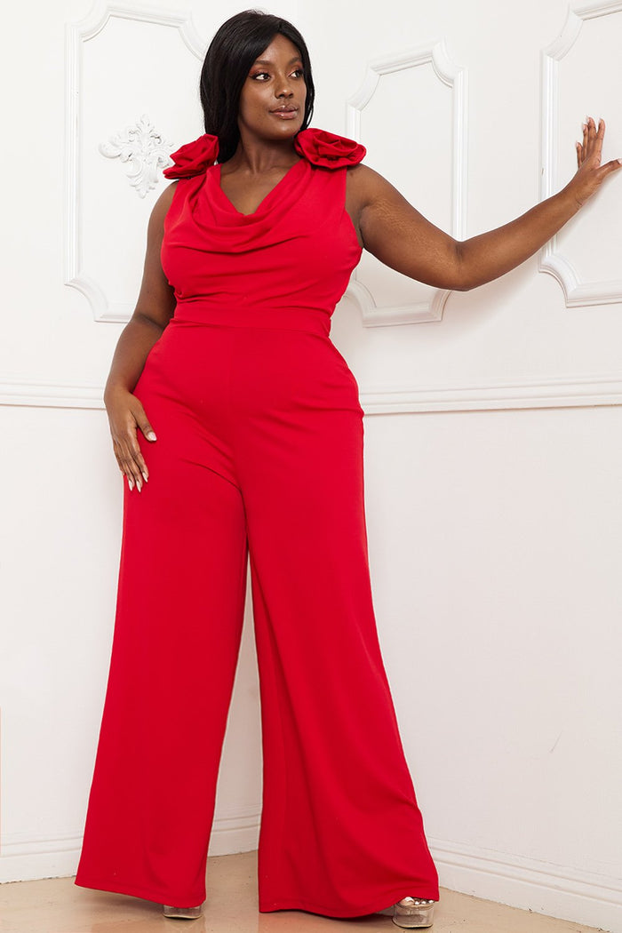 FLOWER FOLDED SHOULDER PLUS SIZE JUMPSUIT