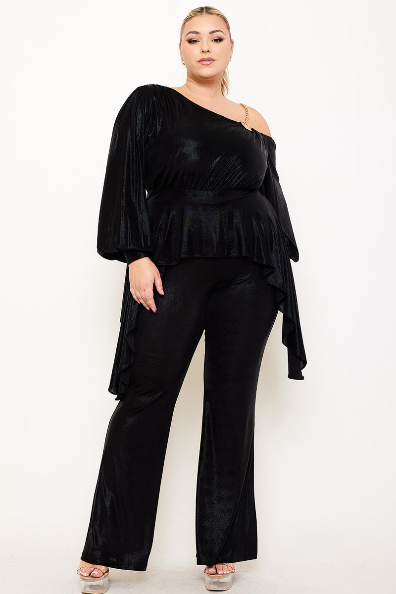 SLINKY FOIL ONE SHOULDER WITH GOLD CHAIN PLUS SIZE JUMPSUIT