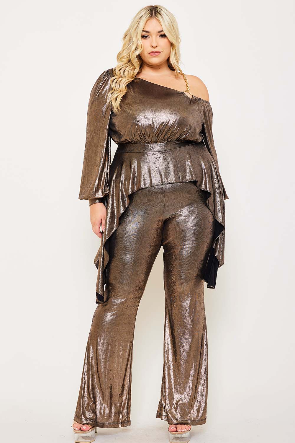 SLINKY FOIL ONE SHOULDER WITH GOLD CHAIN PLUS SIZE JUMPSUIT