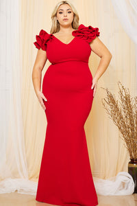 TECHNO CREPE RUFFLE DETAIL MAXI DRESS