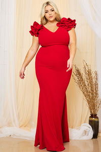 TECHNO CREPE RUFFLE DETAIL MAXI DRESS