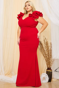 TECHNO CREPE RUFFLE DETAIL MAXI DRESS