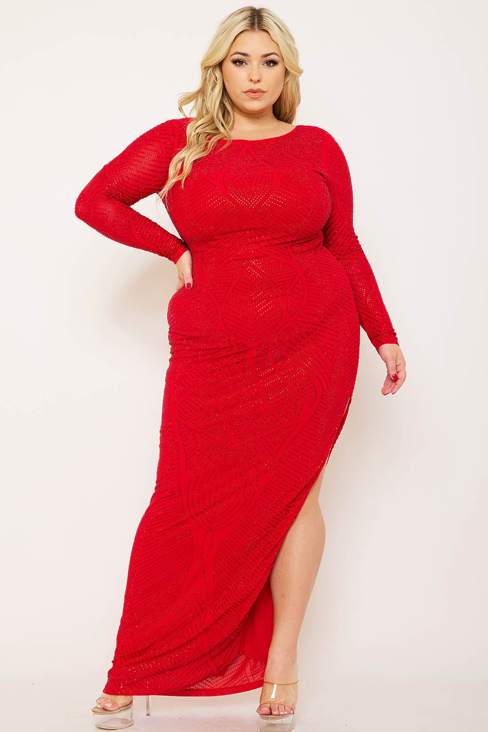 PATTERNED RHINESTONE PLUS SIZE MAXI DRESS