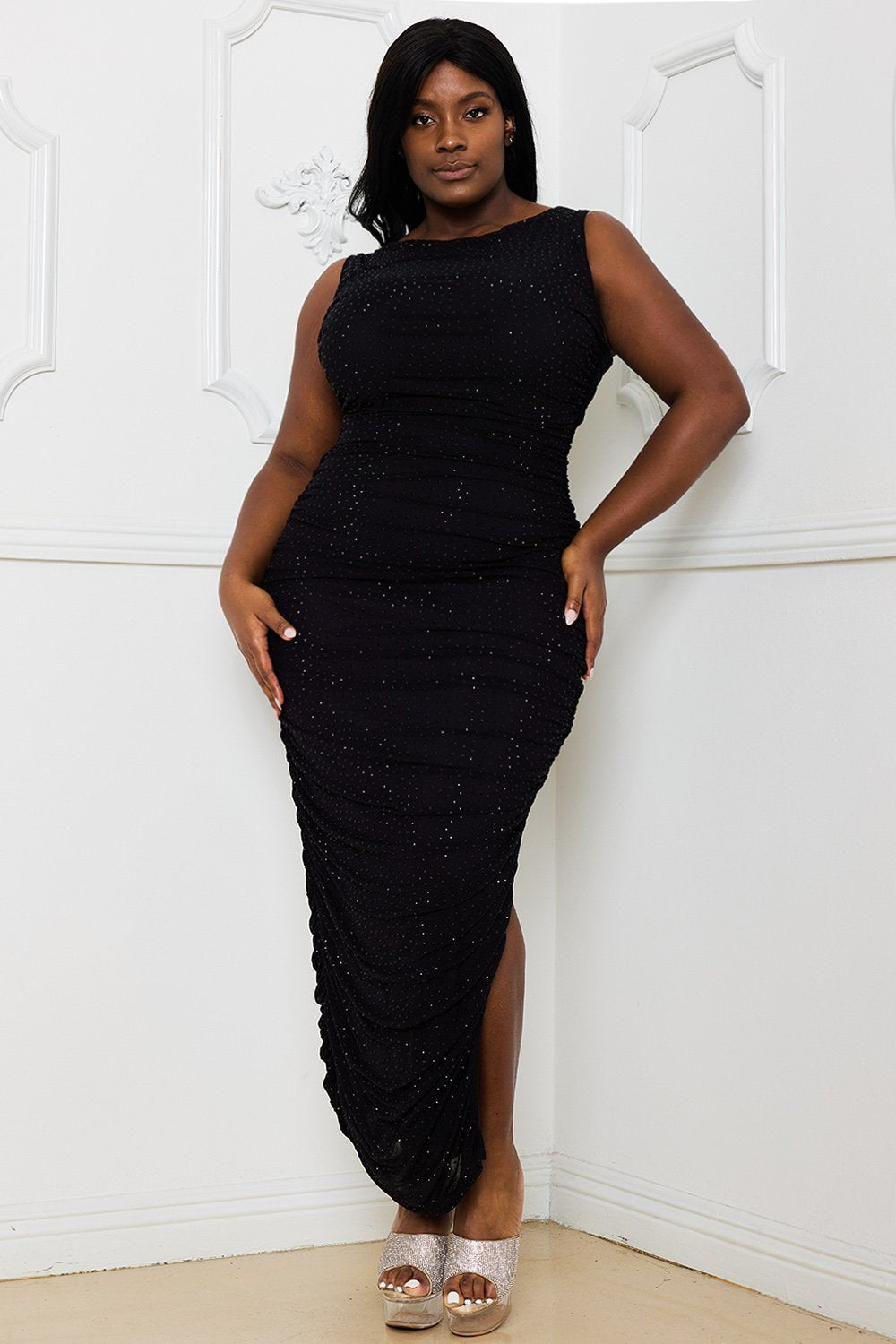 RHINESTONE RUCHED PLUS SIZE MIDI DRESS