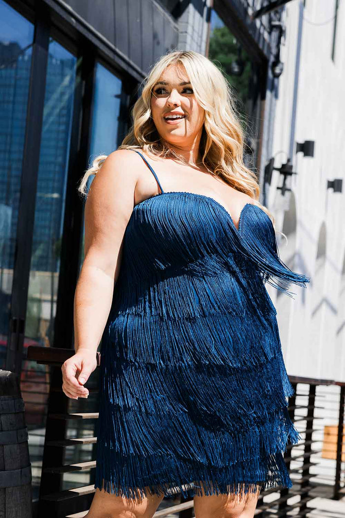 LAYERED FRINGE PLUS SIZE MINI DRESS