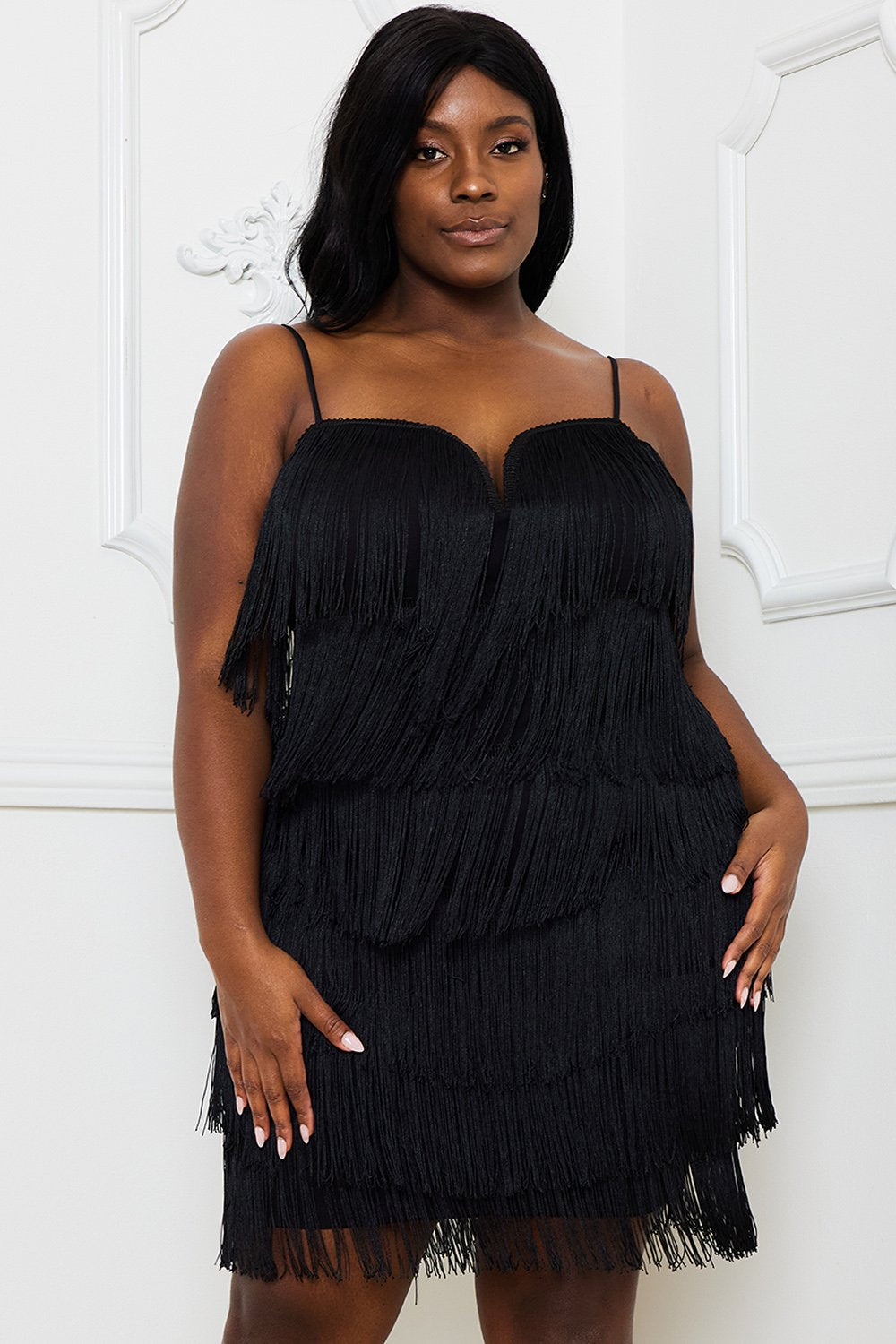 LAYERED FRINGE PLUS SIZE MINI DRESS