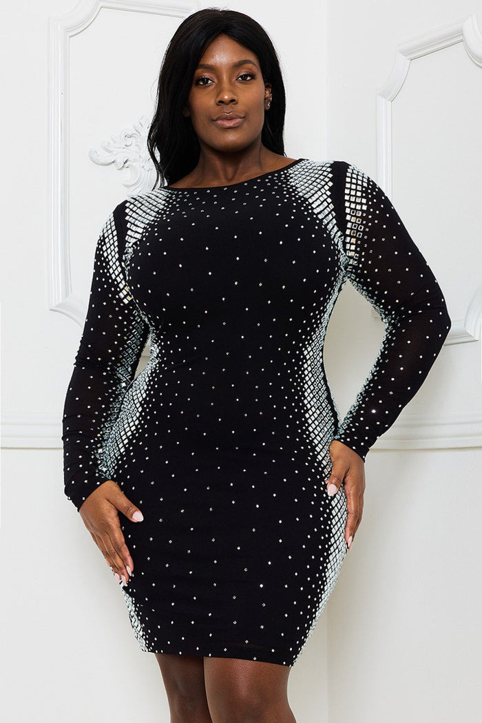 SQUARE AND RHINESTONE MESH PLUS SIZE MINI DRESS