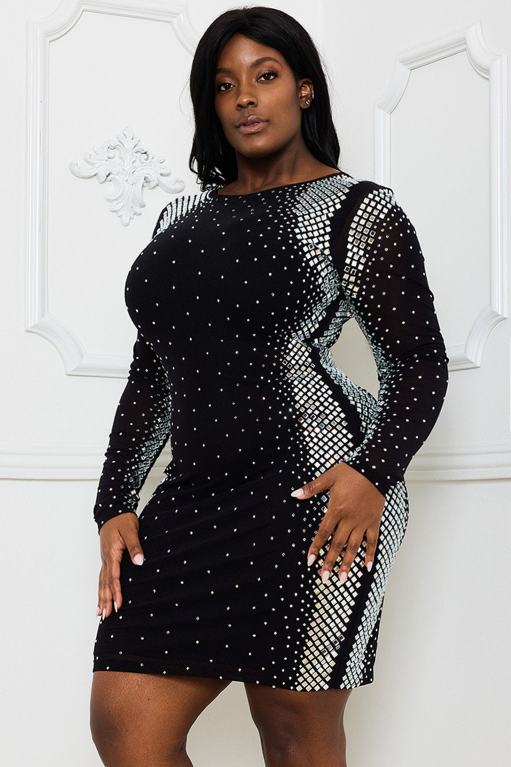 SQUARE AND RHINESTONE MESH PLUS SIZE MINI DRESS