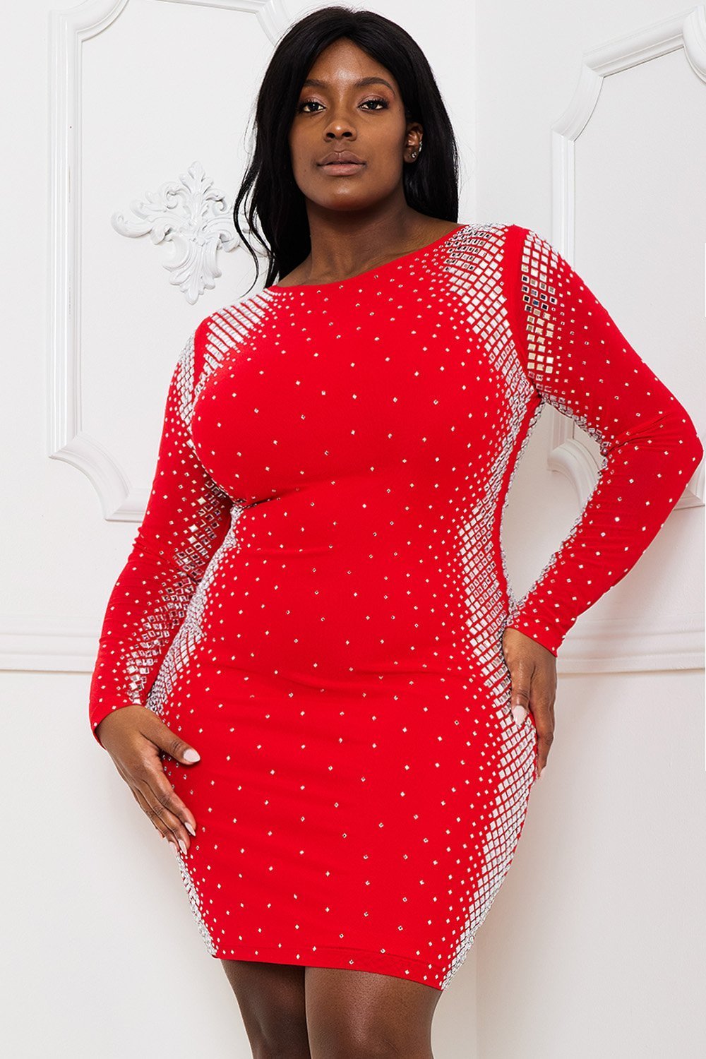 SQUARE AND RHINESTONE MESH PLUS SIZE MINI DRESS