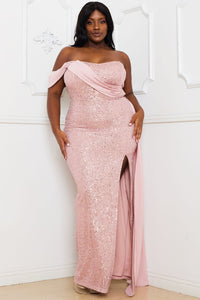 SEQUIN AND SATIN OFF THE SHOULDER PLUS MAXI DRESS