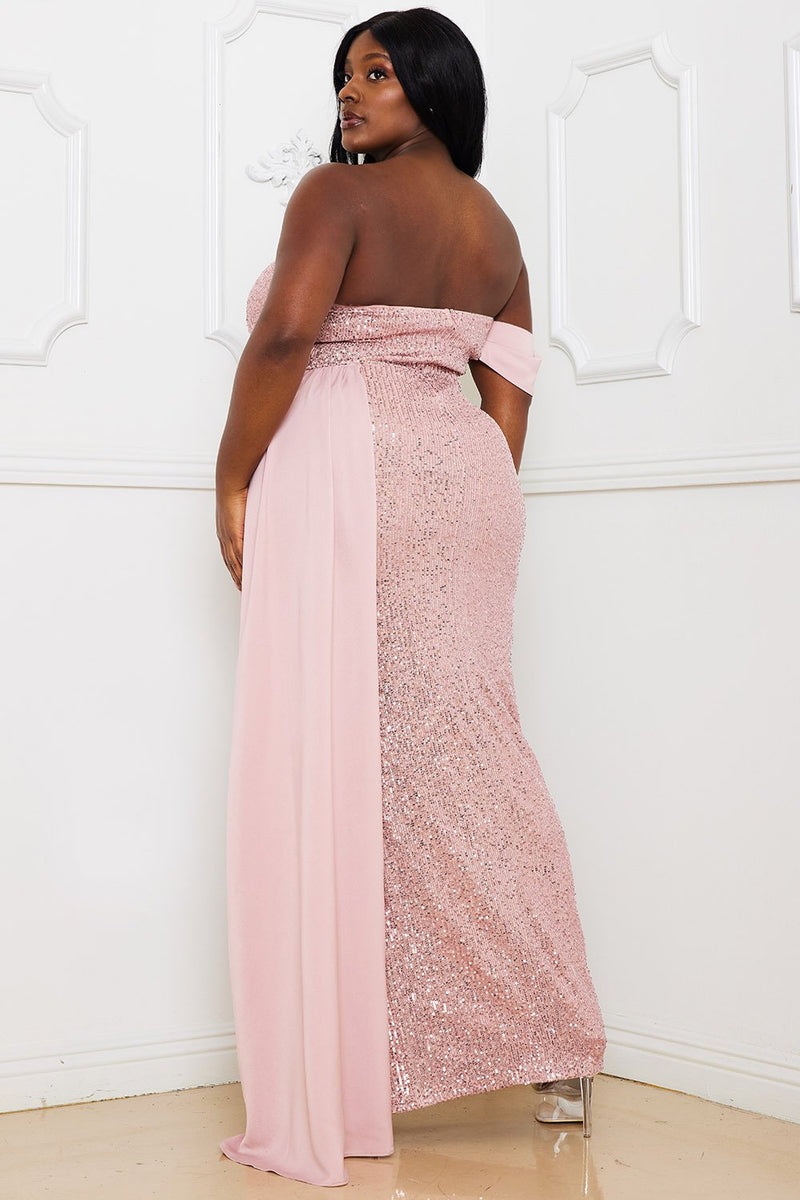 SEQUIN AND SATIN OFF THE SHOULDER PLUS MAXI DRESS