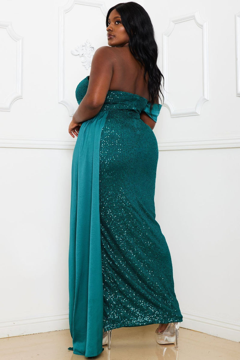 SEQUIN AND SATIN OFF THE SHOULDER PLUS MAXI DRESS