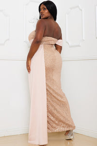 SEQUIN AND SATIN OFF THE SHOULDER PLUS MAXI DRESS