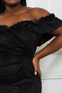 GLITTERED RUFFLE OFF THE SHOULDER PLUS MAXI DRESS