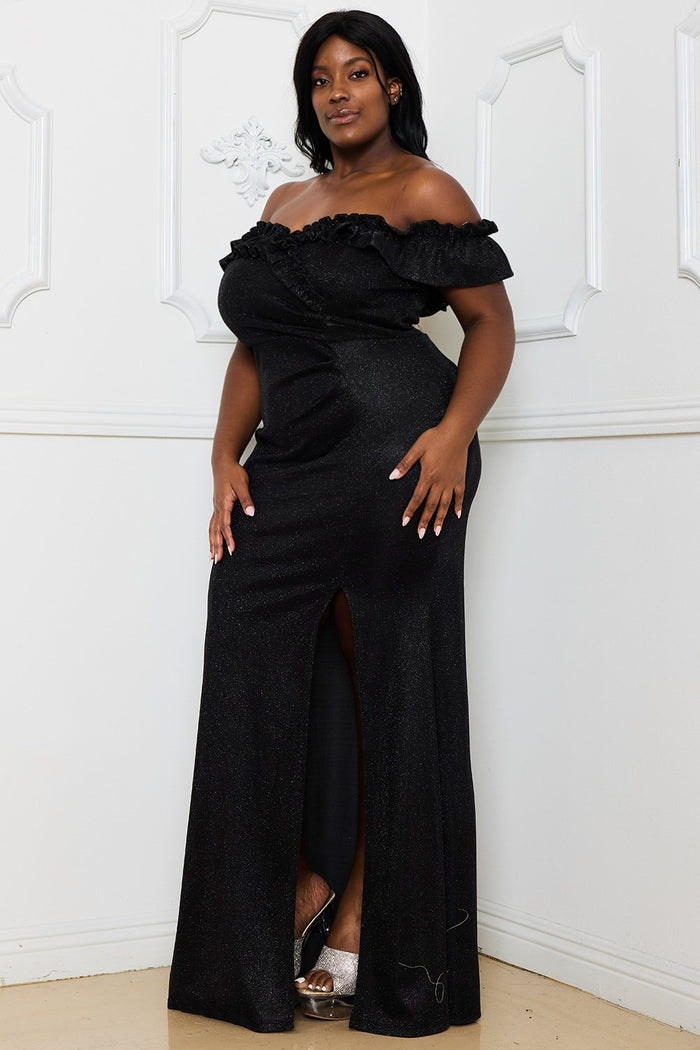 GLITTERED RUFFLE OFF THE SHOULDER PLUS MAXI DRESS