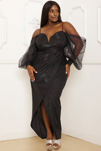 GLITTERED MESH SLEEVE PLUS SIZE MAXI DRESS